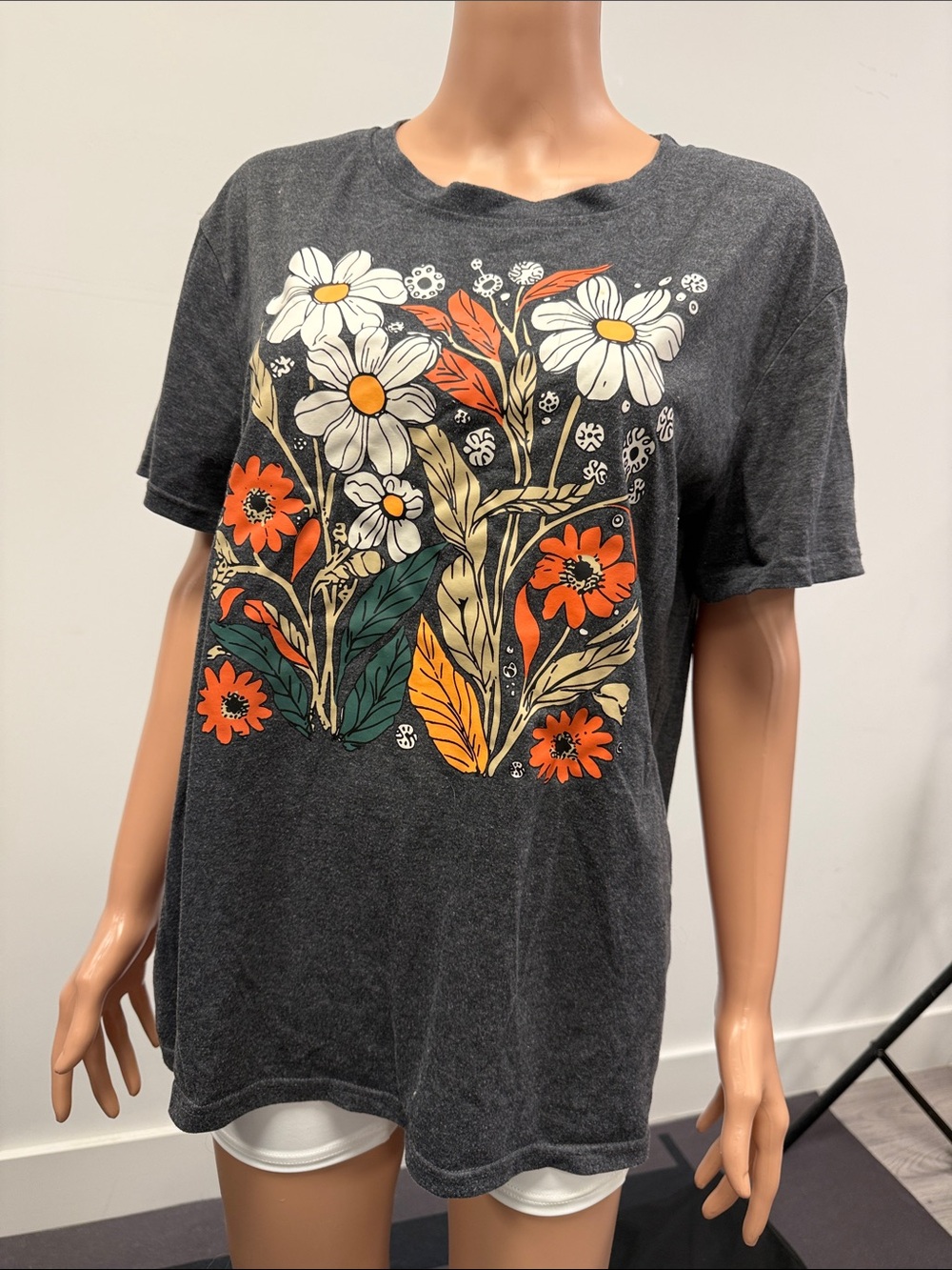 SHEIN Charcoal Floral Tee with Orange, Cream & Green Print